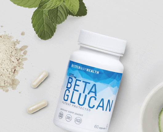 Better Way Health Beta Glucan Bottle With Capsules And Glucan Powder On Table